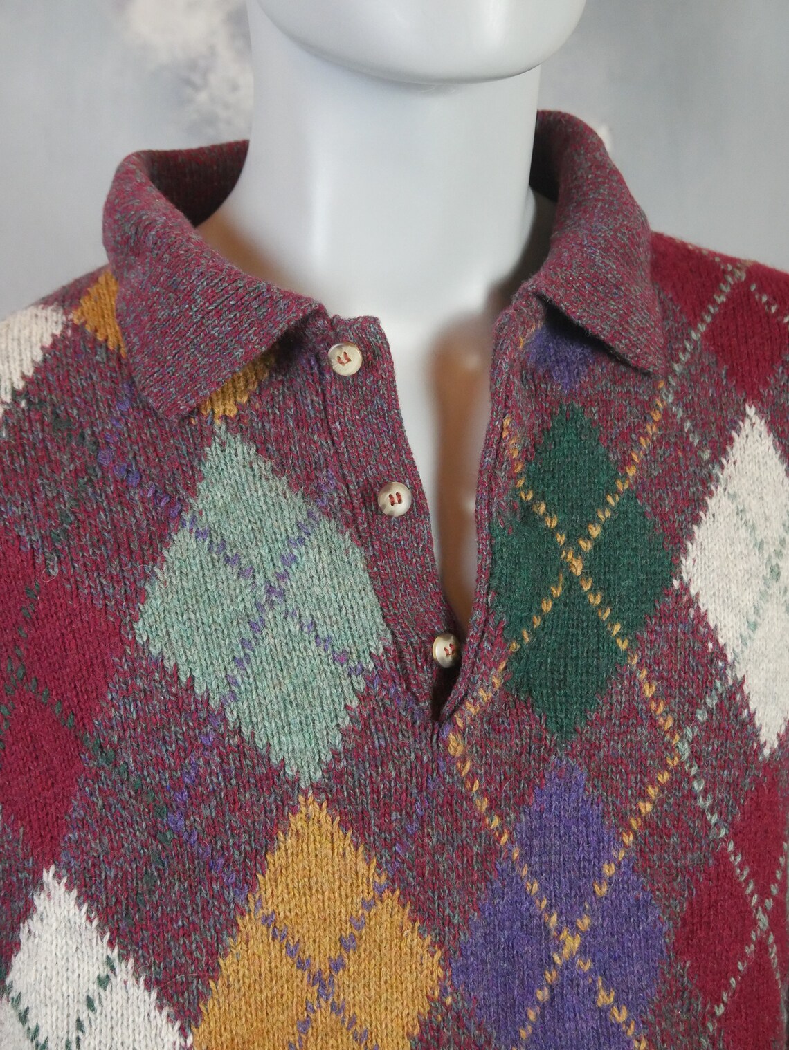 1980s Italian Vintage Argyle Sweater Shirt Light Burgundy - Etsy