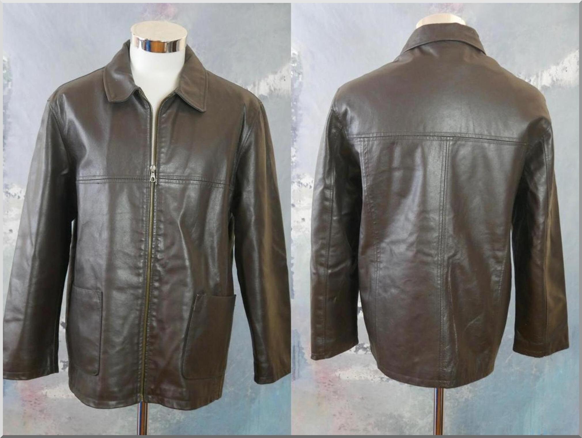 80s Brown Leather Bomber Jacket With Zipper Front, Vintage