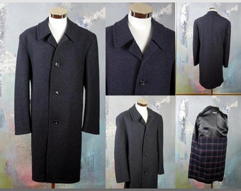 Navy Blue Wool Coat, European Vintage Men's Winter Retro Long Dark Blue Overcoat: Size Large (42 to 44 US/UK)