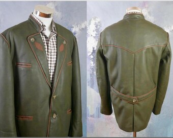 Olive Green Faux Leather Jacket, German Vintage Olive Green w Brown Piping and Faux Antler Buttons Trachten Vegan PVC Blazer: Size 46 US/UK