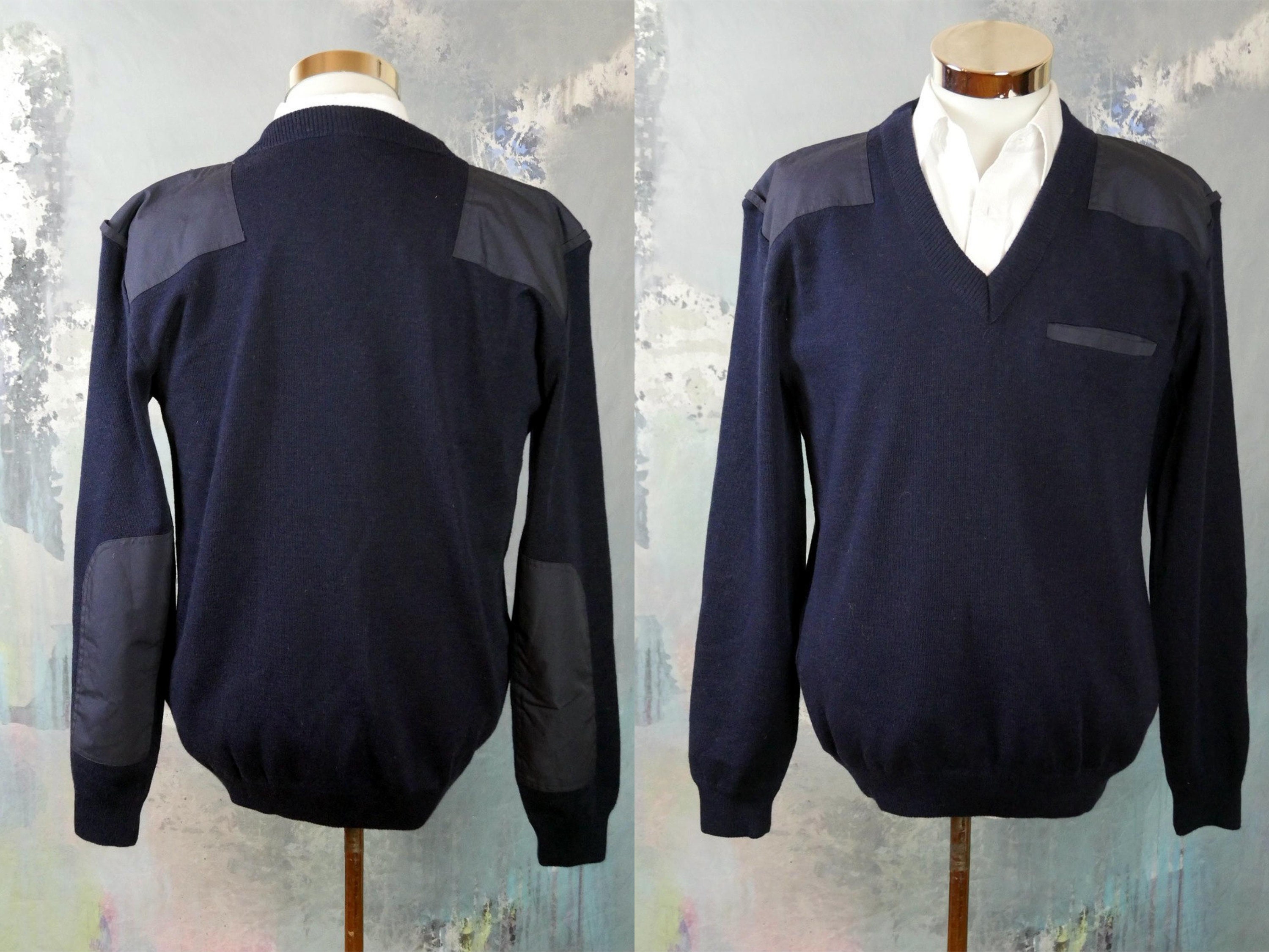 Milan V-Neck Sweater Navy Blue w/Light Grey Elbow Patch Xs