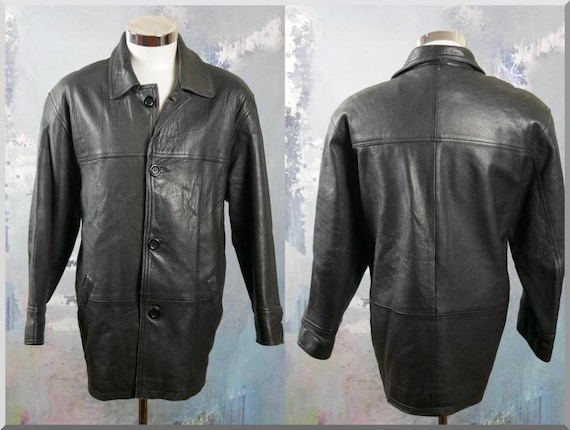1990s Black Leather Coat, Retro Genuine Leather Jacket: Size 1990s Black Leather Coat, Retro Genuine Leather Jacket: Size