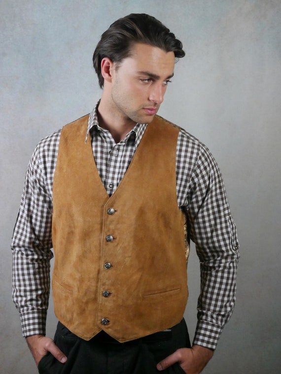 Tan Leather Vest, European 90s Vintage Pointed-Fr… - image 1