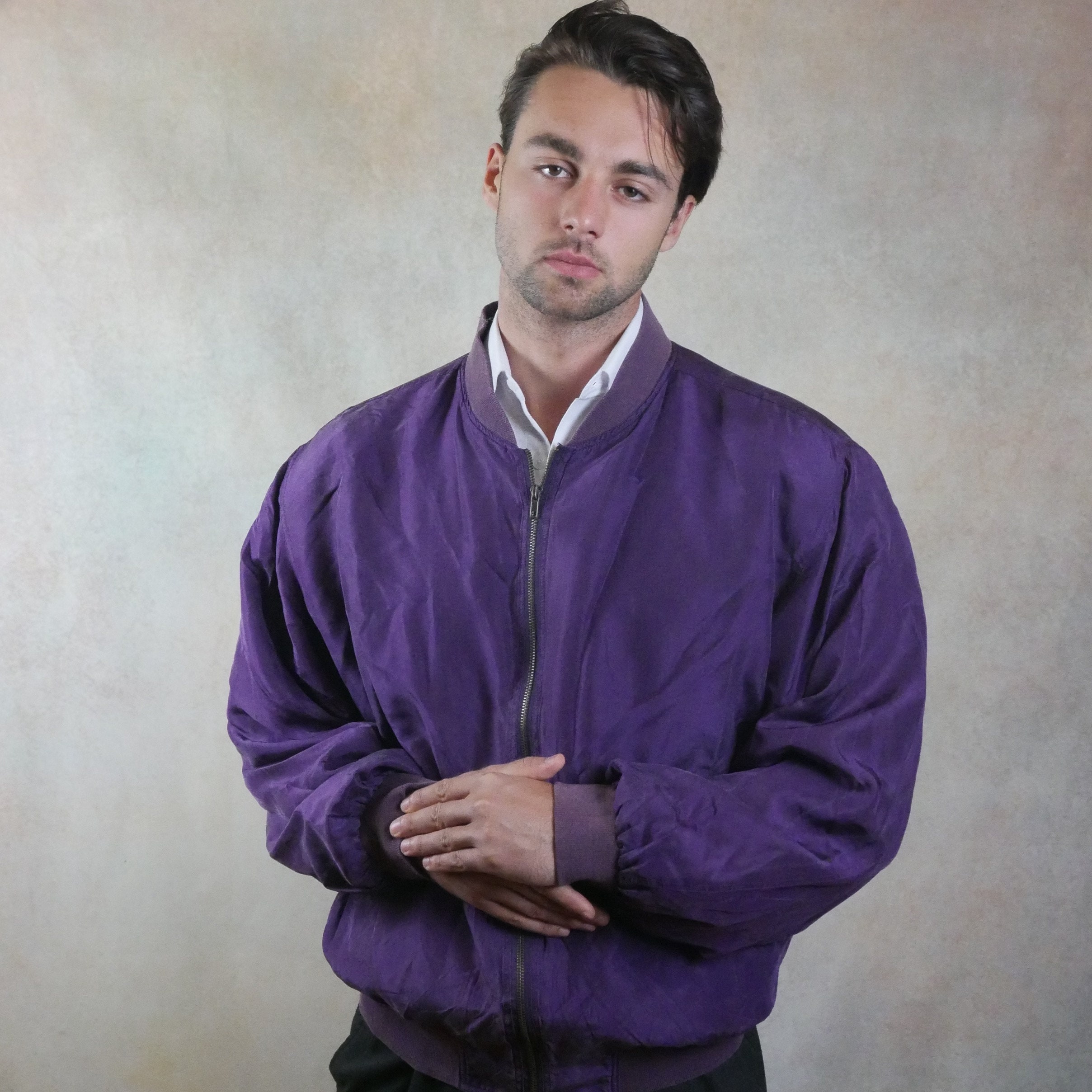 Purple Silk Jacket 1990s European Vintage Bomber Jacket Size