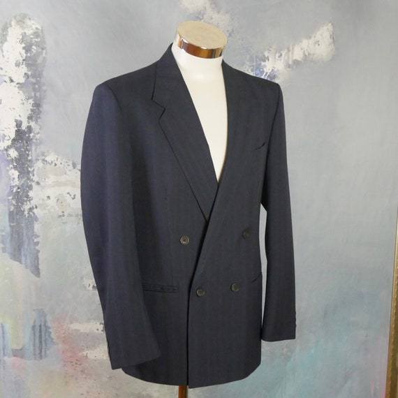 Navy Blue Double-Breasted Pinstripe Blazer, Europ… - image 3