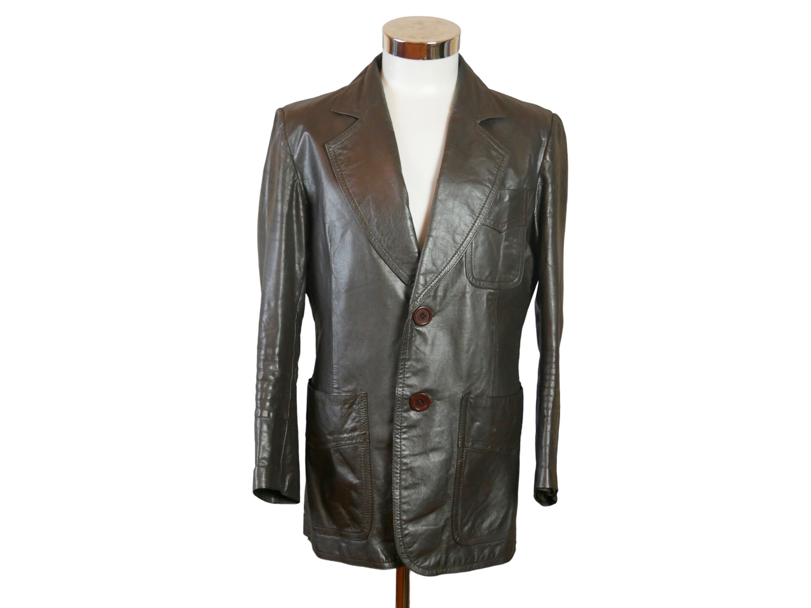 70s Vintage Brown Leather Jacket With Wide Collar, Size 38