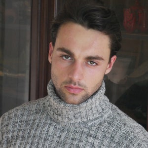 90s Vintage Men&#39;s Turtleneck Sweater, Gray Knit, Size 42 US/UK