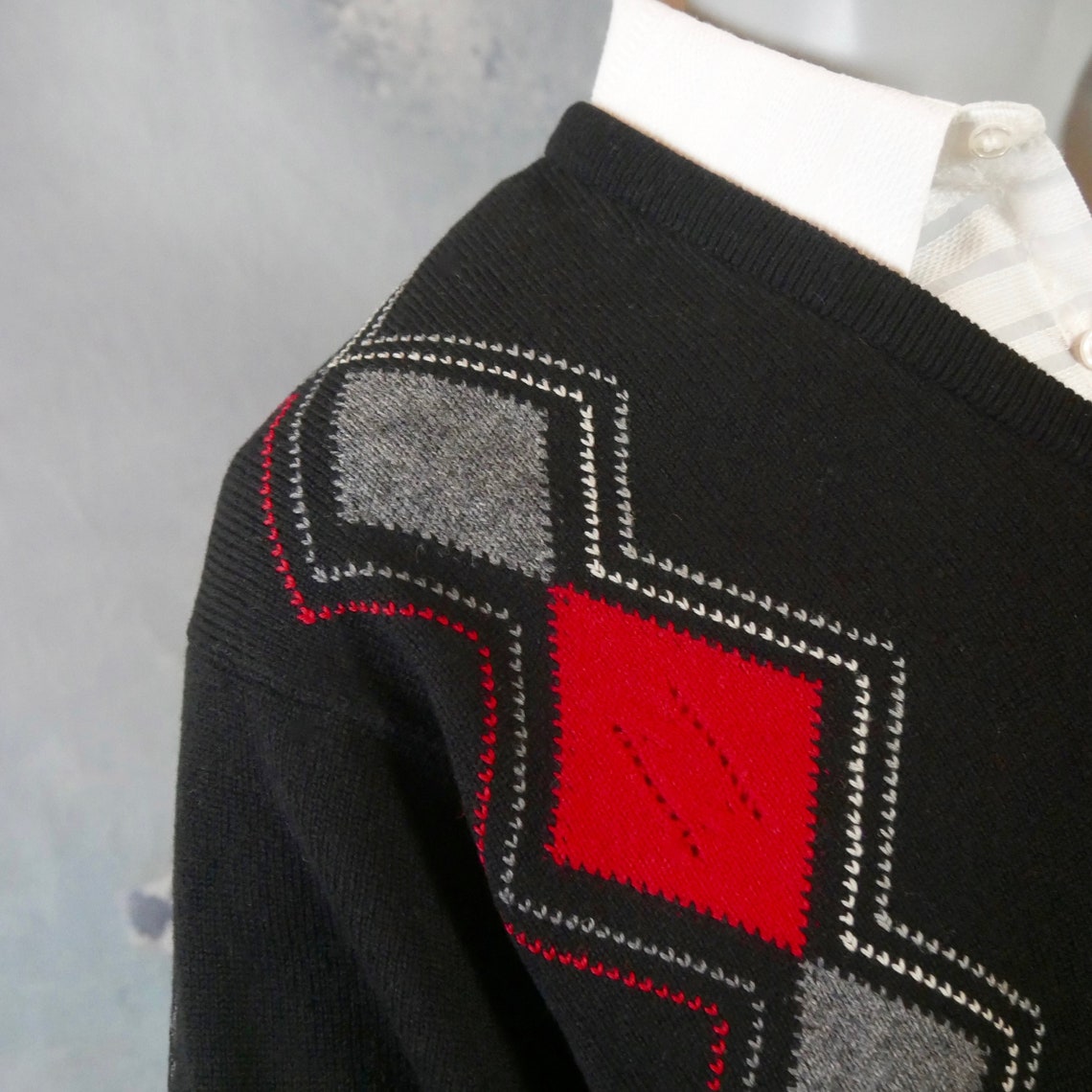 1980s Scottish Vintage Argyle Sweater Black Red Gray & White | Etsy