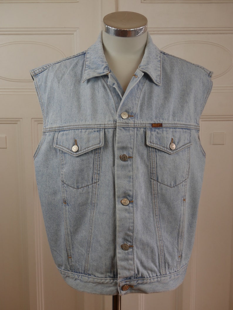1980er Jeans Weste, Vintage Baumwolle Blau Jeans Weste: XL 46 bis 48 US/UK Bild 3