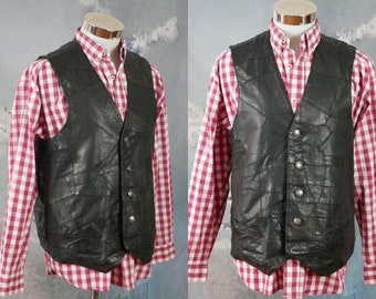 1990s Black Leather Vest, European Vintage Patchwork Leather Pointed Front Waistcoat: XL (42 to 44 US/UK)