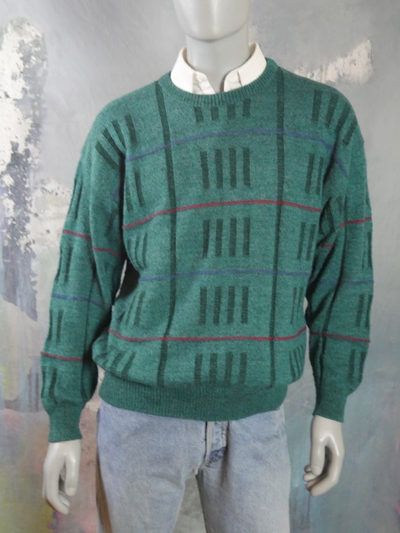 1980s Turquoise Green Crew Neck Sweater with Bloc… - image 2