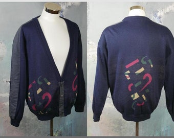 1980s Italian Cardigan, Navy Blue Wool Blend Knit Sweater with Burgundy Green & Beige Geometric Pattern Front and Back: XXL (48 to 50 US/UK)