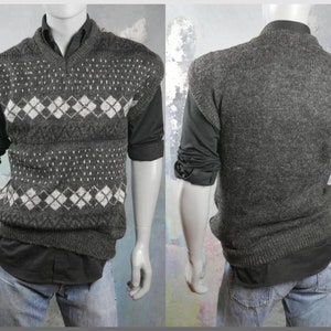1980s Argyle Sweater Vest, Charcoal & Light Gray Wool V-Neck Sleeveless Pullover, European Vintage:  XL (42 to 44 US/UK)