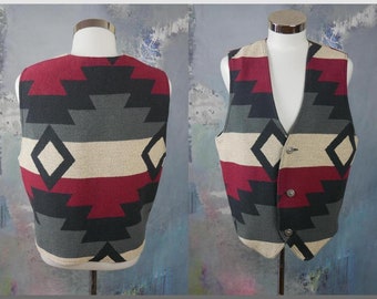 Vintage Southwest Vest, 1990s Beige Red Black & Gray Carpet Vest, Cotton Pointed-Front Aztec Tapestry Waistcoat, Retro Menswear: Extra Large