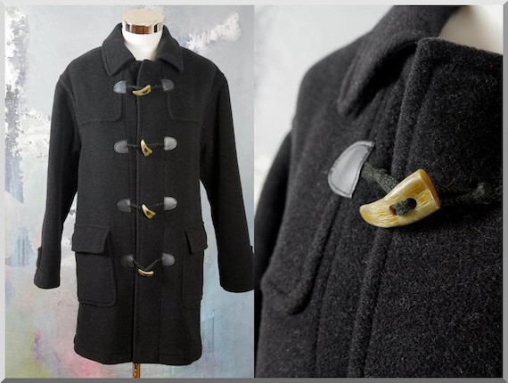 Black Duffle Coat, 1990s Italian Vintage Wool Cas… - image 1