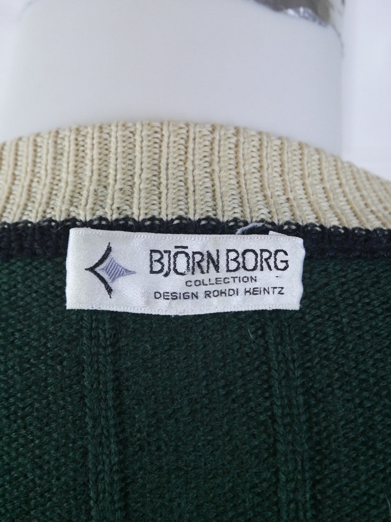 Green Cardigan, 1990s Swedish Vintage Soft Wool Knit Button-Down Bjorn Borg Tennis Sweater: Size 46 to 48 US/UK image 10