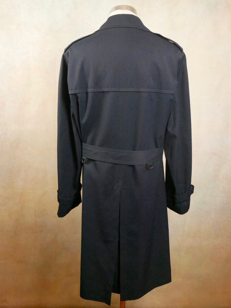 Vintage Trench Coat, 90s Dark Navy Blue Double-Breasted Belted Long Duster Overcoat image 7