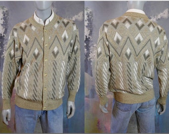 1980s German Vintage Cardigan, Green & Cream Colored Geometric Pattern Cotton Blend Knit Button-Down Sweater: Size 44 to 46 US/UK