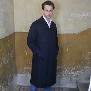 Pardessus en laine loden bleu marine, manteau d&#39;hiver vintage pour hommes, taille L, 42 à 44 US/UK