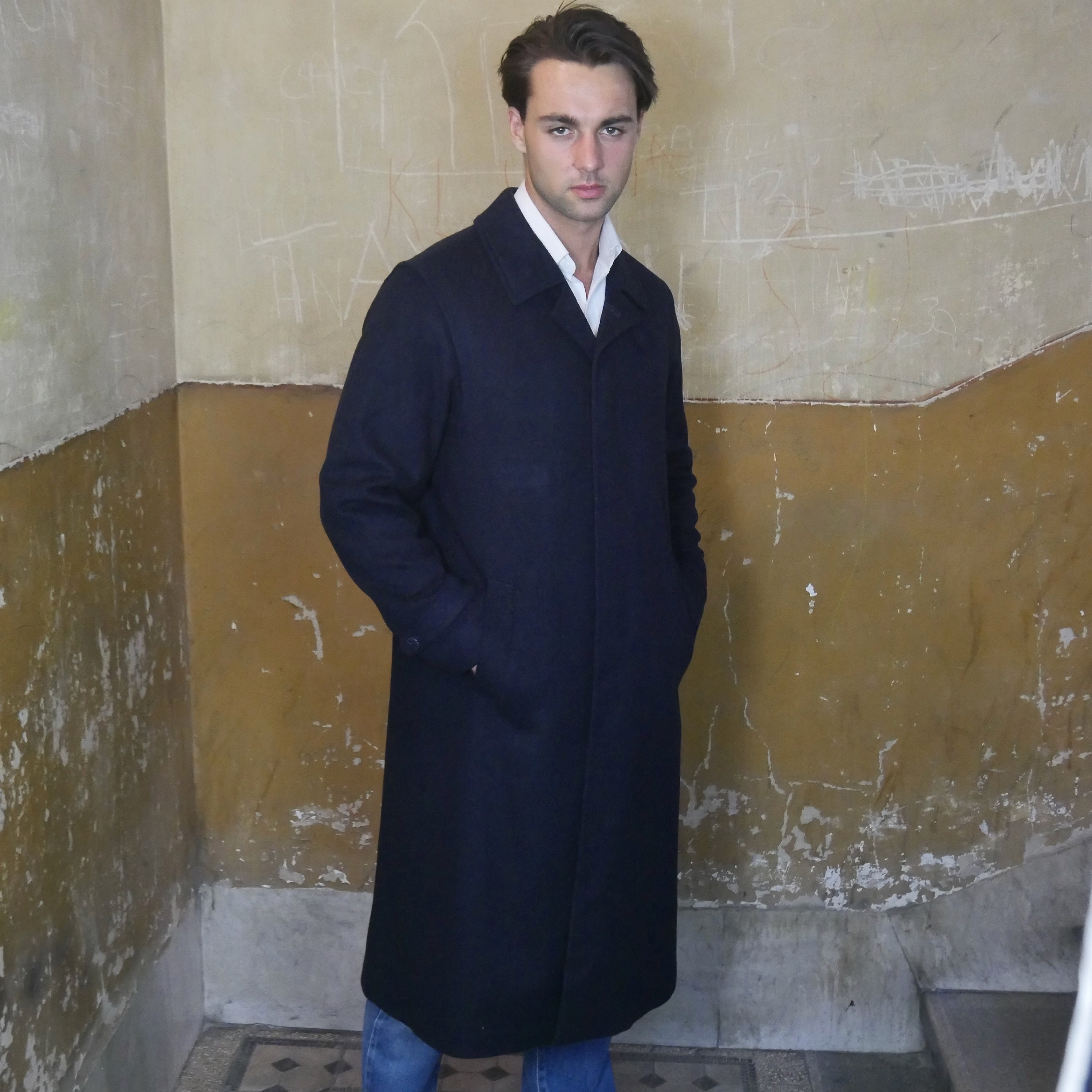 ジャケット・アウター Moessmer Loden Coat versin wool navy Navy Blue Loden Wool Overcoat, Men's Vintage Winter Coat