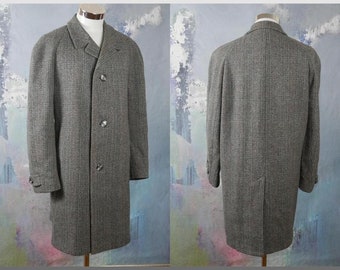 Gray Wool Overcoat, 1960s German Vintage Herringbone Tweed Coat, Retro Winter Menswear: XXL (46 US/UK)