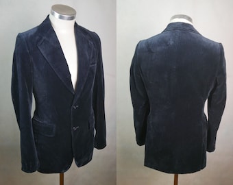 Blue Velvet Blazer, Early 80s European Vintage Single-Breasted Small Jacket, Size 34 US/UK