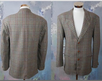 1980s Plaid Blazer, Gray Turquoise Purple & Gold Houndstooth Check Tartan Single-Breasted Wool Mohair Blend Jacket: Size XL (44 US/UK)