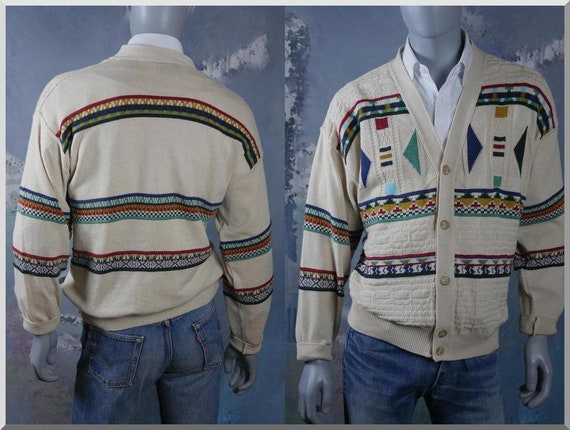 Retro Cardigan, Beige Cotton-Knit Button-Down V-Ne