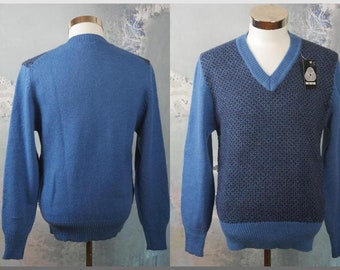 Blue Wool V-Neck Sweater, 1980s vintage NOS Pullover Jumper: Large (40 us/uk))