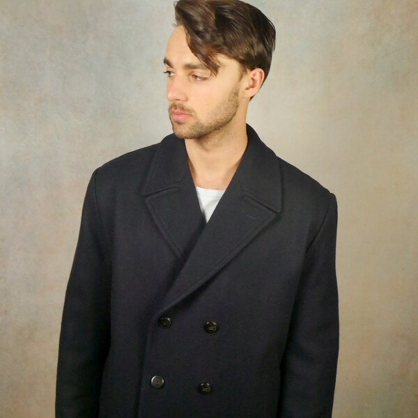 Navy Pea Coat, 90s Spanish Vintage Men's Dark Blue Wool Jacket: Size Extra Large, 46 to 48 US/UK