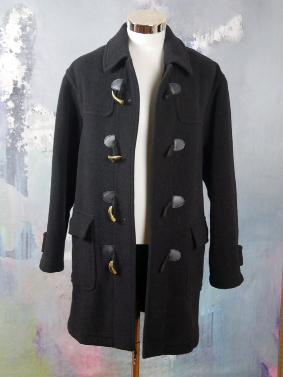 Black Duffle Coat, 1990s Italian Vintage Wool Cas… - image 2