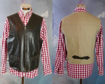 Black Leather Vest, 1990s Vintage V-Neck Straight-Front  Waistcoat with Cotton Canvas Back: Size Large (42 to 44 US/UK)
