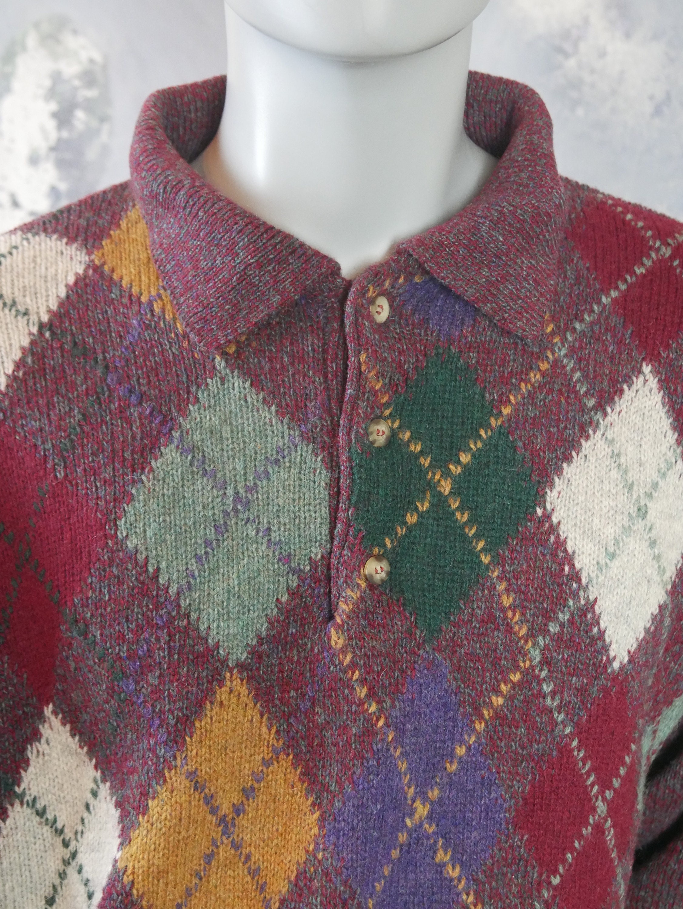 1980s Italian Vintage Argyle Sweater Shirt Light Burgundy | Etsy