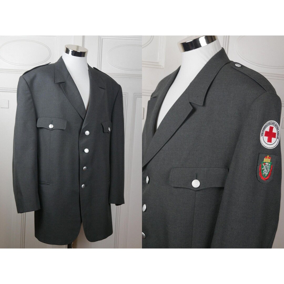 1980s Red Cross Jacket, Austrian Vintage Gray Dress Military Uniform