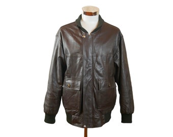 Vintage Brown Leather Bomber Jacket, Size Large