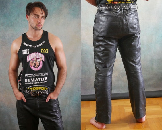 Black Leather Motorcycle Pants, 1990s European Vintage, 90s Mens