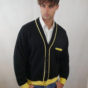 80s Vintage Cardigan: Black & Yellow V-Neck Cotton Sweater, Size XL