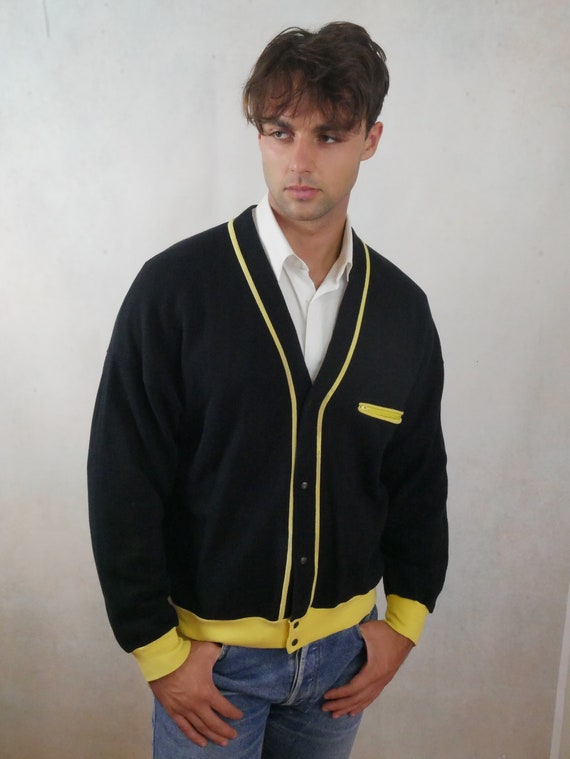 80s Vintage Cardigan Black and Yellow V Neck Cotton Sweater Retro European Menswear Size XL 46 to 48 US Etsy Canada