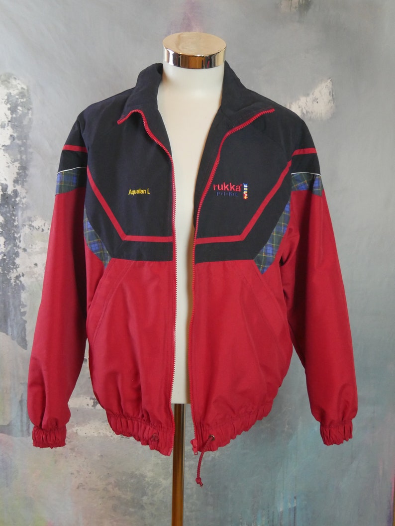 Red &Navy Blue Jacket, 1990 vintage européen Zippered Rukka Sport Brise-vent: Taille grande 40 à 42 US / UK image 3