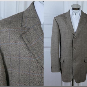 Retro Tweed Blazer, German Vintage Light Brown Wool Three-Button Jacket with Subtle Blue Windowpane Check Pattern: Size XXL (48 US/UK)