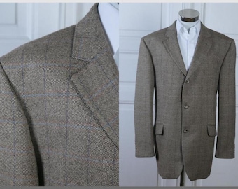 Retro Tweed Blazer, German Vintage Light Brown Wool Three-Button Jacket with Subtle Blue Windowpane Check Pattern: Size XXL (48 US/UK)