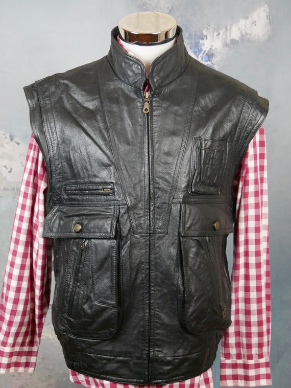 European Vintage Black Leather Vest Eight Pocket Study - Etsy Canada