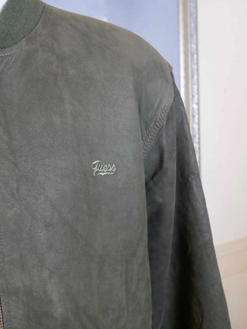 1980s Vintage Guess Jeans USA Pigskin Zippered Varsity Style Jacket XL Olive Green Leather Bomber Jacket 42 to 44 usuk