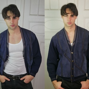 Blue Suede Bomber Jacket, 80s Vintage Men&#39;s Outerwear