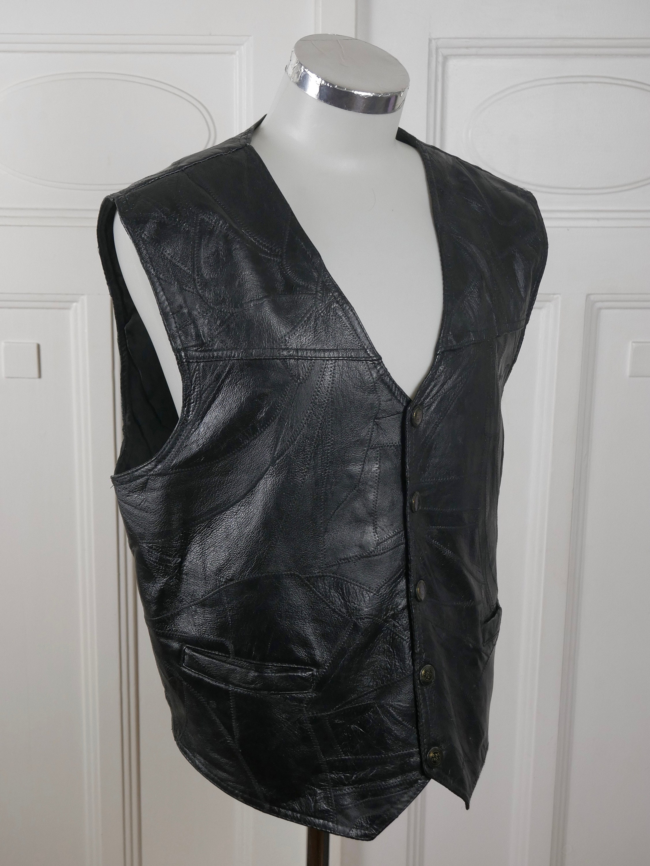 Black Leather Vest European Vintage 1990s Patchwork - Etsy