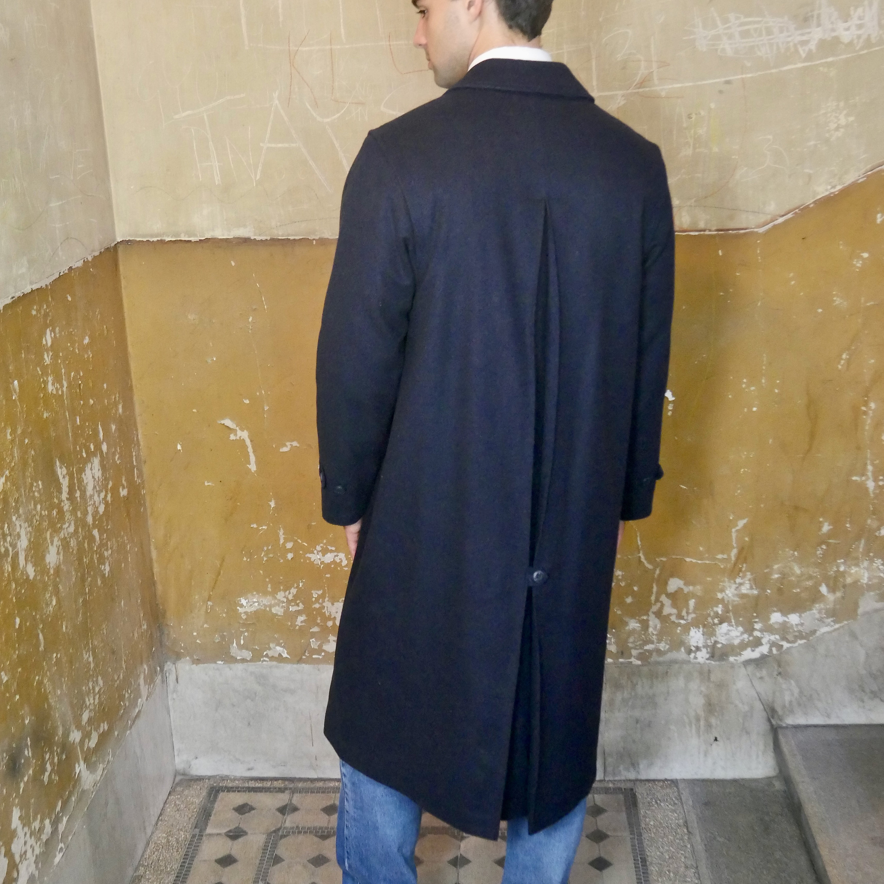 Navy Blue Loden Wool Overcoat, Men's Vintage Winter Coat