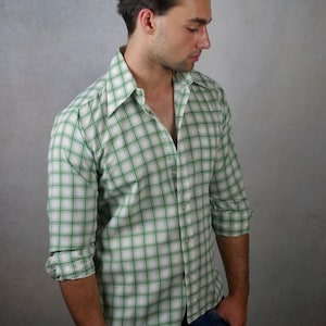 70s Vintage Plaid Shirt, Green and White Wide Collar Long Sleeve Shirt, 1970s Retro Menswear: Size 40 US/UK