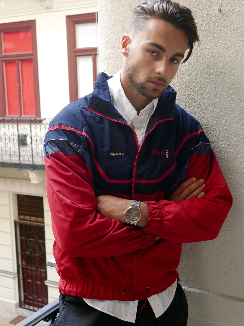 Red &Navy Blue Jacket, 1990 vintage européen Zippered Rukka Sport Brise-vent: Taille grande 40 à 42 US / UK image 1