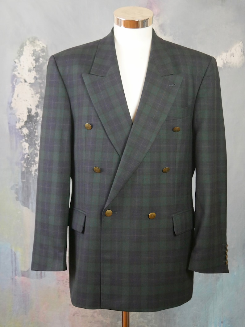 42R Blue Green Plaid Blazer European Double-Breasted Fine Pure Wool Jacket Size 42 USUK