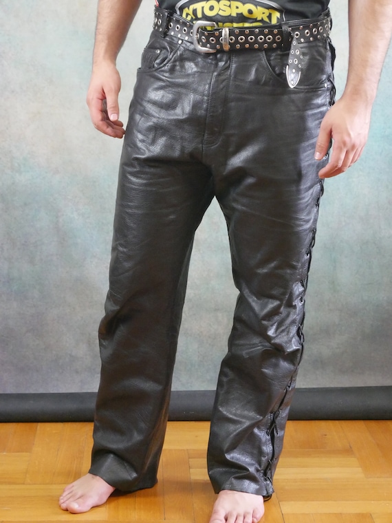 Black Leather Motorcycle Pants, 1990s European Vintage, 90s